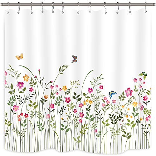 Riyidecor Floral Shower Curtain Spring Flowers Butterflies Green Plant –  riyidecor