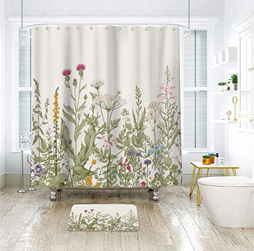 GCIREC Floral Shower Curtain, Vintage Botanical Plant Green Leaves Flower  Spring Watercolor Herbs Bathroom Curtains for Bathtub Decor Waterproof