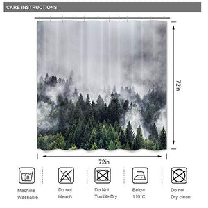 Riyidecor Misty Smokey Forest Landscape Shower Curtain Green Tree Fog Nature Decor Fabric Set Polyester Waterproof 72Wx72H Inch 12 Pack Plastic Hooks