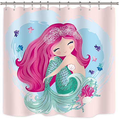 Riyidecor Cute Mermaid Shower Curtain Girls Cartoon Kids Blue