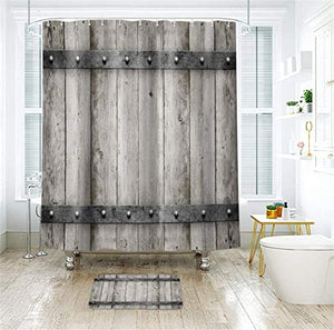 Riyidecor Rustic Barn Door Shower Curtain 72" W x 72" H Wooden Metal Texture Bathroom Decor Fabric Panel Polyester Waterproof with 12 Pack Plastic Shower Hooks