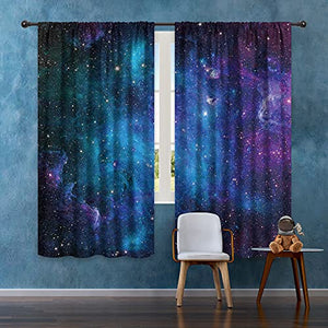 Riyidecor Kids Boys Galaxy Curtains Outer Space Rod Pocket (2 Panels 52 x 63 Inch) Blue Planet Nebula Universe Black Psychedelic Starry Sky Astronomy Living Room Bedroom Window Drapes Treatment Fabric