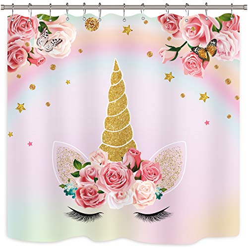 Unicorn Shower Curtain Kids Girls Pink Animals Cartoon Floral Colorful –  riyidecor