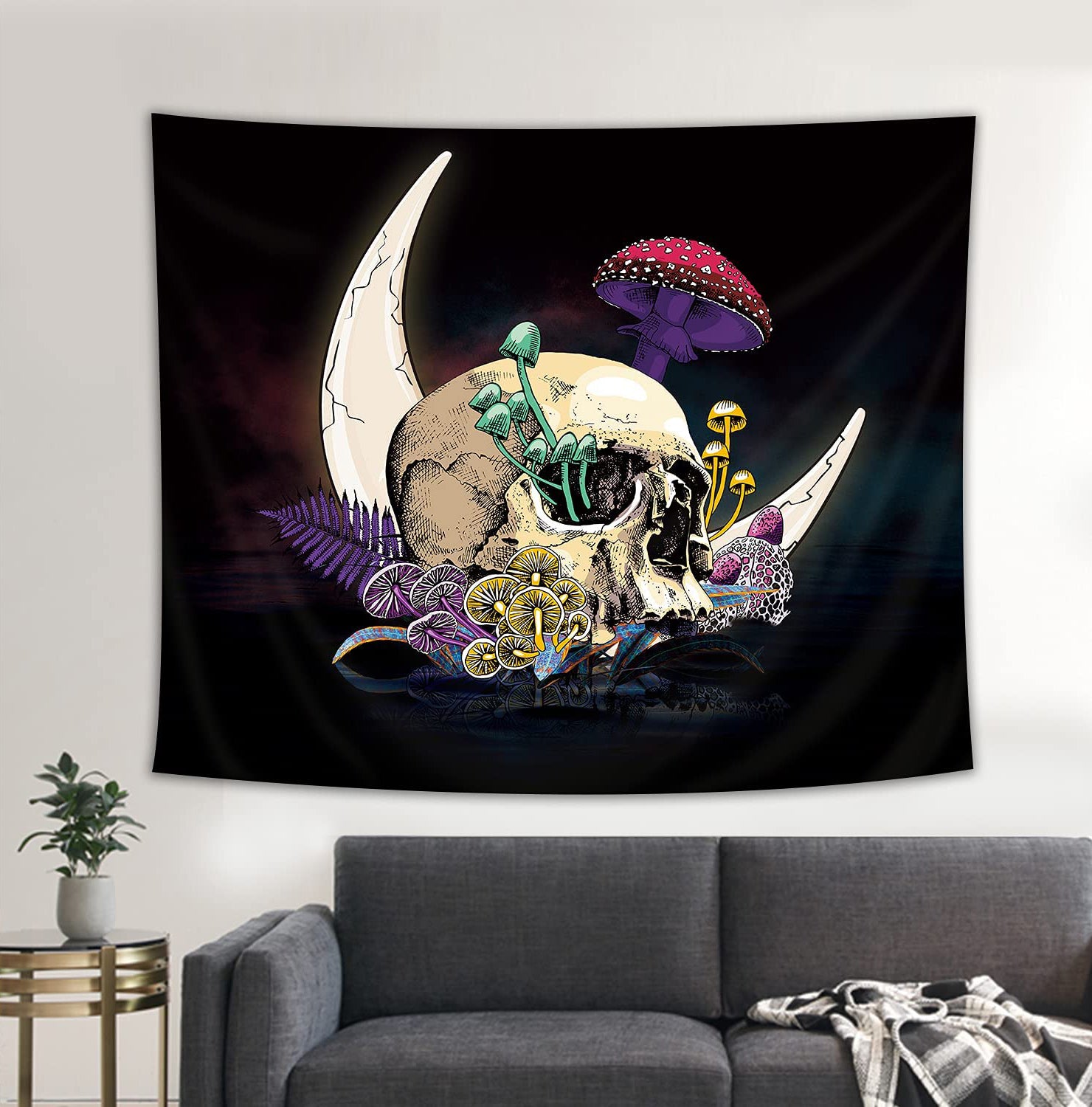 Skull Moon Tapestry Goth Mushroom Skeleton 59Wx51H Inch Black Trippy H –  riyidecor