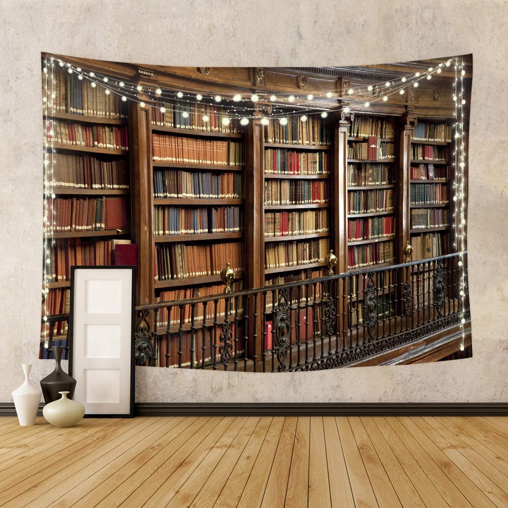 Riyidecor Vintage Wooden Library Tapestry 80x60 Inch Oblique